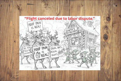 “Funny Christmas postcard showing canceled flight board reading ‘Flight Canceled Due to Labor Dispute,’ travelers waiting with sarcasm and coffee.”