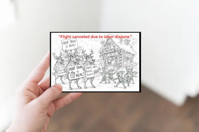 “Funny Christmas postcard showing canceled flight board reading ‘Flight Canceled Due to Labor Dispute,’ travelers waiting with sarcasm and coffee.”