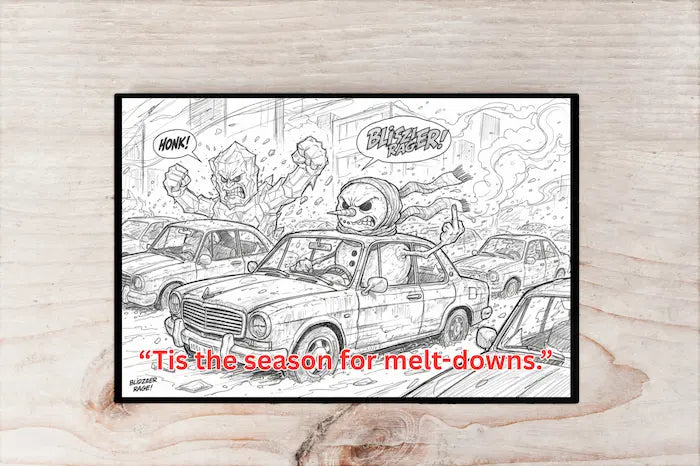 “‘Tis the season for melt-downs.’ Christmas postcard featuring sarcastic holiday office chaos illustration with retro design elements.”