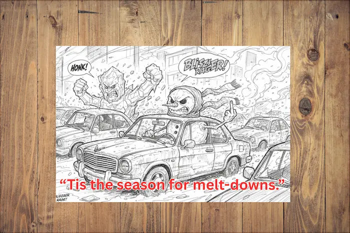 “‘Tis the season for melt-downs.’ Christmas postcard featuring sarcastic holiday office chaos illustration with retro design elements.”