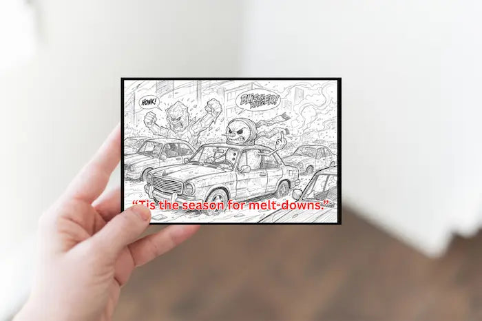 “‘Tis the season for melt-downs.’ Christmas postcard featuring sarcastic holiday office chaos illustration with retro design elements.”