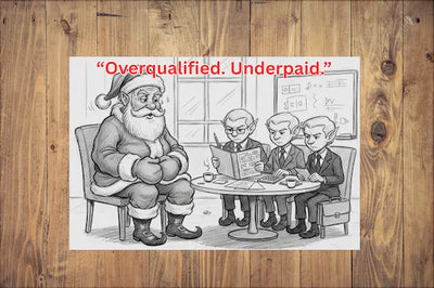 Hand-drawn Christmas postcard featuring Santa slumped at a desk with a broken pen, bills scattered, and the bold text “Overqualified. Underpaid.” in vintage holiday typography.