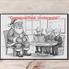 Hand-drawn Christmas postcard featuring Santa slumped at a desk with a broken pen, bills scattered, and the bold text “Overqualified. Underpaid.” in vintage holiday typography.