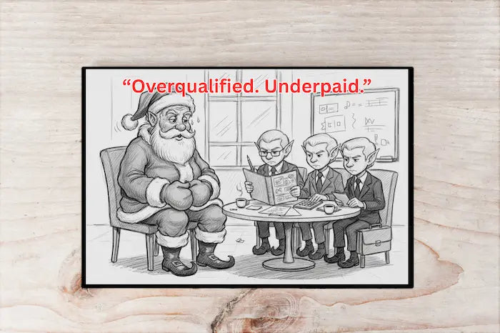 Hand-drawn Christmas postcard featuring Santa slumped at a desk with a broken pen, bills scattered, and the bold text “Overqualified. Underpaid.” in vintage holiday typography.