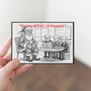 Hand-drawn Christmas postcard featuring Santa slumped at a desk with a broken pen, bills scattered, and the bold text “Overqualified. Underpaid.” in vintage holiday typography.