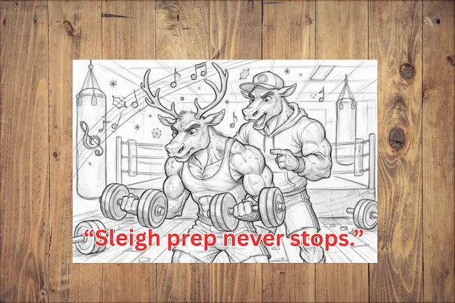 Hand-drawn Christmas postcard reading “Sleigh Prep Never Stops” with barbell and holiday motifs.