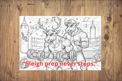 Hand-drawn Christmas postcard reading “Sleigh Prep Never Stops” with barbell and holiday motifs.