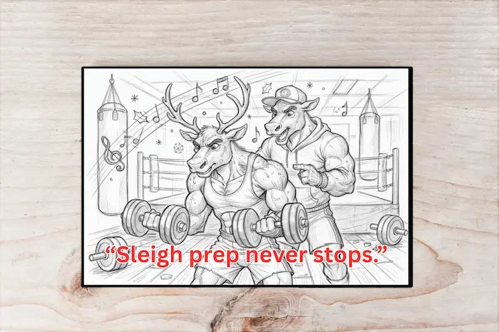Hand-drawn Christmas postcard reading “Sleigh Prep Never Stops” with barbell and holiday motifs.