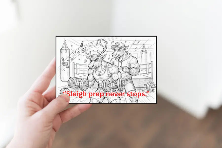 Hand-drawn Christmas postcard reading “Sleigh Prep Never Stops” with barbell and holiday motifs.
