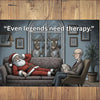 Hand-drawn holiday postcard reading “Even Legends Need Therapy,” featuring moody Santa illustration, minimalist red-and-white Christmas palette.