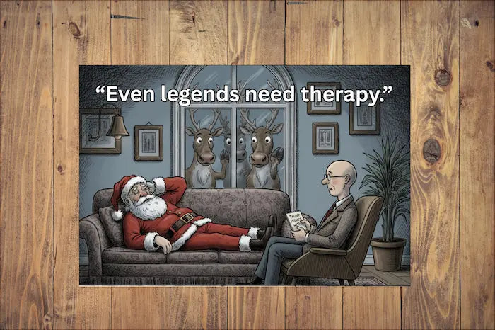 Hand-drawn holiday postcard reading “Even Legends Need Therapy,” featuring moody Santa illustration, minimalist red-and-white Christmas palette.