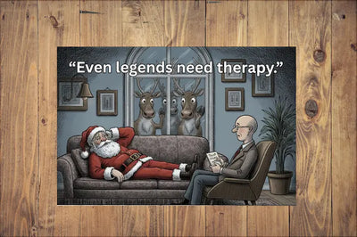 Hand-drawn holiday postcard reading “Even Legends Need Therapy,” featuring moody Santa illustration, minimalist red-and-white Christmas palette.