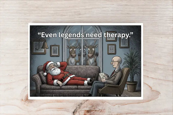 Hand-drawn holiday postcard reading “Even Legends Need Therapy,” featuring moody Santa illustration, minimalist red-and-white Christmas palette.