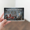 Hand-drawn holiday postcard reading “Even Legends Need Therapy,” featuring moody Santa illustration, minimalist red-and-white Christmas palette.