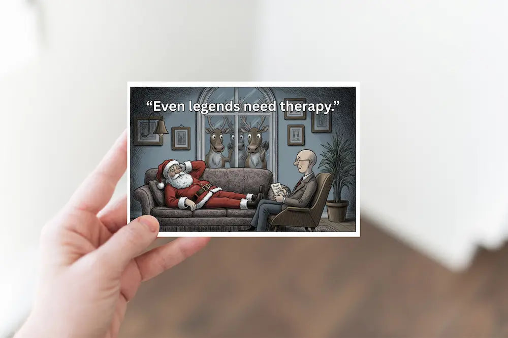 Hand-drawn holiday postcard reading “Even Legends Need Therapy,” featuring moody Santa illustration, minimalist red-and-white Christmas palette.