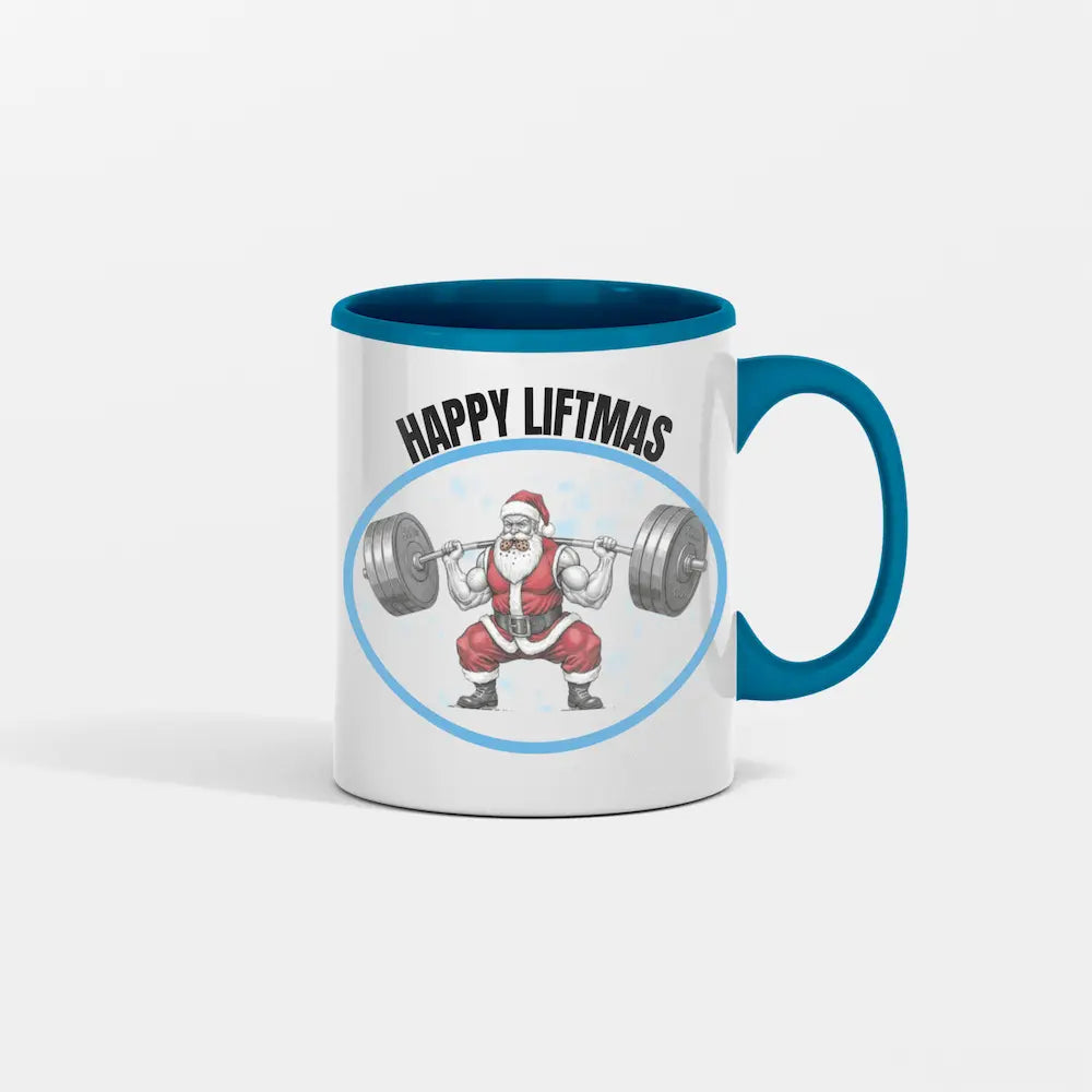 “Happy Liftmas Mug featuring bearded Santa squatting 500 lbs with barbell, holiday gym humor on white ceramic mug.”