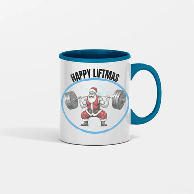 “Happy Liftmas Mug featuring bearded Santa squatting 500 lbs with barbell, holiday gym humor on white ceramic mug.”