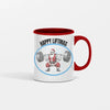 “Happy Liftmas Mug featuring bearded Santa squatting 500 lbs with barbell, holiday gym humor on white ceramic mug.”