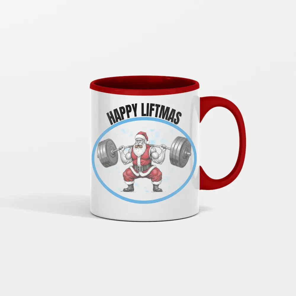 “Happy Liftmas Mug featuring bearded Santa squatting 500 lbs with barbell, holiday gym humor on white ceramic mug.”