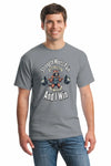 Men’s athletic tee with bold white text “Strength Meets Pain And I Win” on charcoal grey fabric.