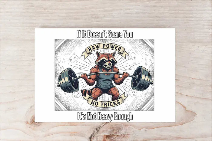 Hand-drawn postcard reading “If It Doesn’t Scare You, It’s Not Heavy Enough,” featuring bold ink typography and distressed gym-chalk background.