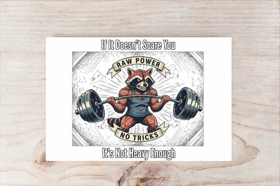 Hand-drawn postcard reading “If It Doesn’t Scare You, It’s Not Heavy Enough,” featuring bold ink typography and distressed gym-chalk background.