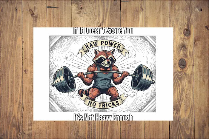 Hand-drawn postcard reading “If It Doesn’t Scare You, It’s Not Heavy Enough,” featuring bold ink typography and distressed gym-chalk background.