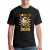 Bold black World Cup 2026 T-shirt featuring vibrant multicolor flags and “UNITED IN CHAOS” typography, modeled in a festive street scene of fans celebrating.