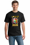 Bold black World Cup 2026 T-shirt featuring vibrant multicolor flags and “UNITED IN CHAOS” typography, modeled in a festive street scene of fans celebrating.