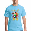 Bold blue World Cup 2026 T-shirt featuring vibrant multicolor flags and “UNITED IN CHAOS” typography, modeled in a festive street scene of fans celebrating.e