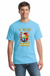 Bold blue World Cup 2026 T-shirt featuring vibrant multicolor flags and “UNITED IN CHAOS” typography, modeled in a festive street scene of fans celebrating.e
