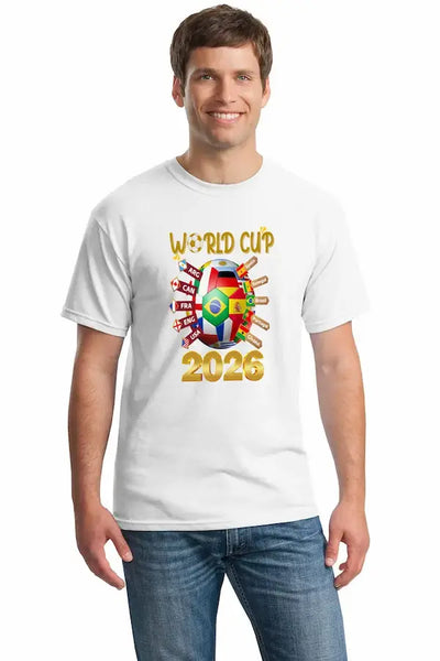 Bold white World Cup 2026 T-shirt featuring vibrant multicolor flags and “UNITED IN CHAOS” typography, modeled in a festive street scene of fans celebrating.