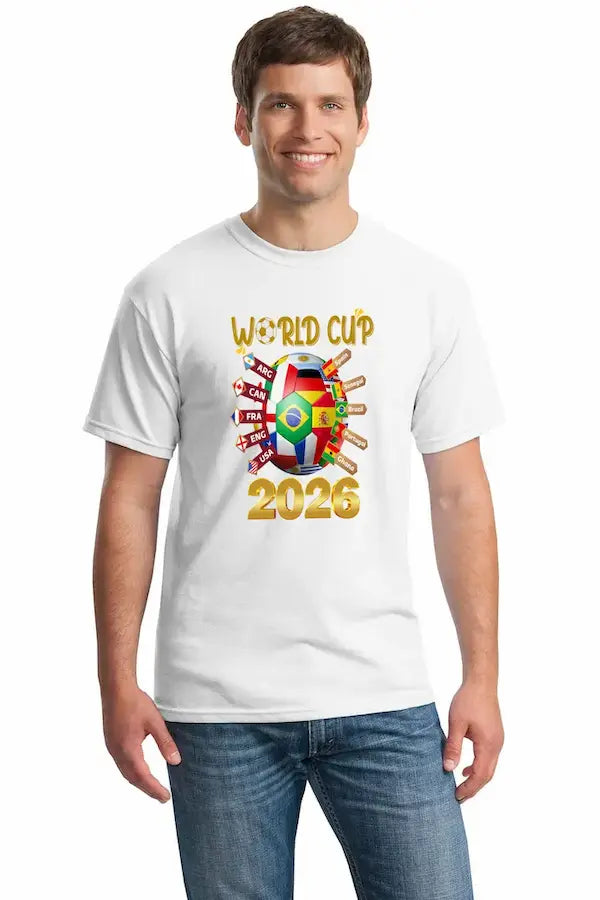 Bold white World Cup 2026 T-shirt featuring vibrant multicolor flags and “UNITED IN CHAOS” typography, modeled in a festive street scene of fans celebrating.