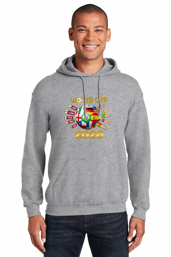 Close-up of World Cup 2026 Hoodie – global football fanwear with vintage streetwear design, bold typography, and international color accents.