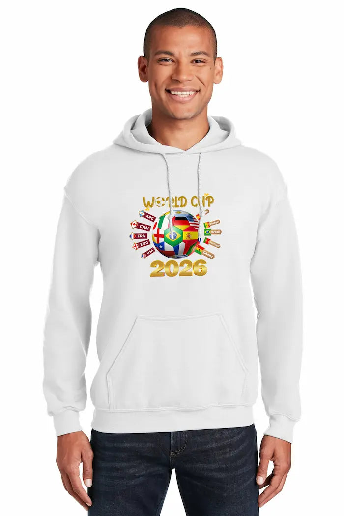 Close-up of World Cup 2026 Hoodie – global football fanwear with vintage streetwear design, bold typography, and international color accents.