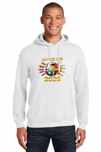 Close-up of World Cup 2026 Hoodie – global football fanwear with vintage streetwear design, bold typography, and international color accents.