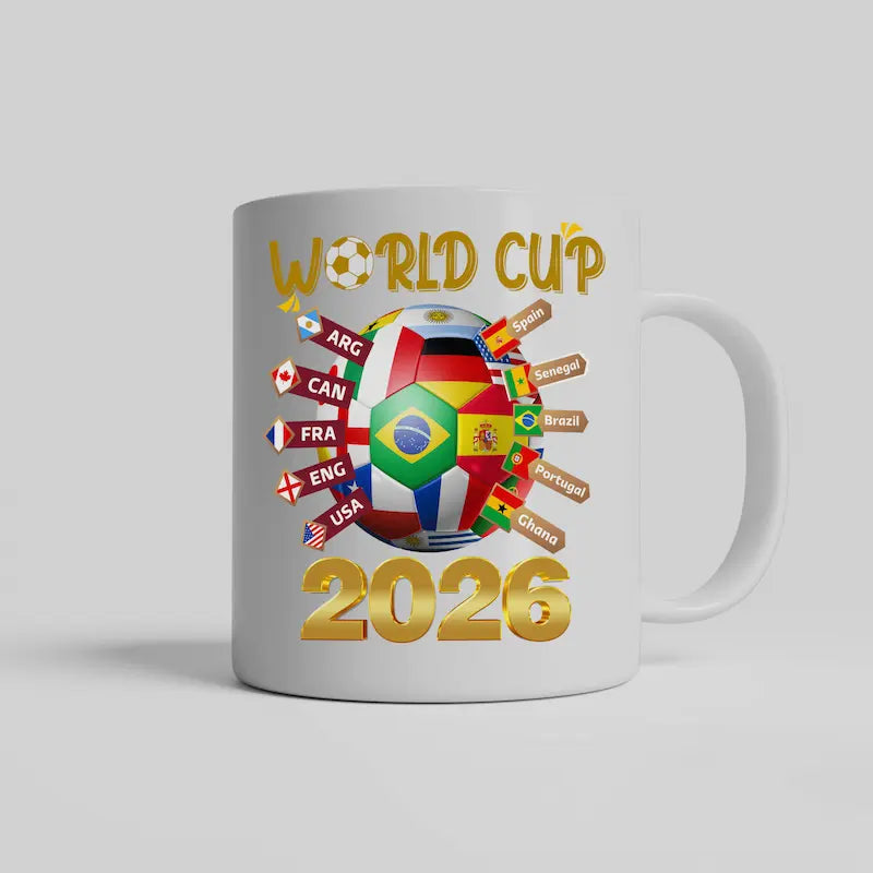 “World Cup 2026 Coffee Mug — ceramic soccer fan mug with bold retro design and caffeine-fueled game day energy.”