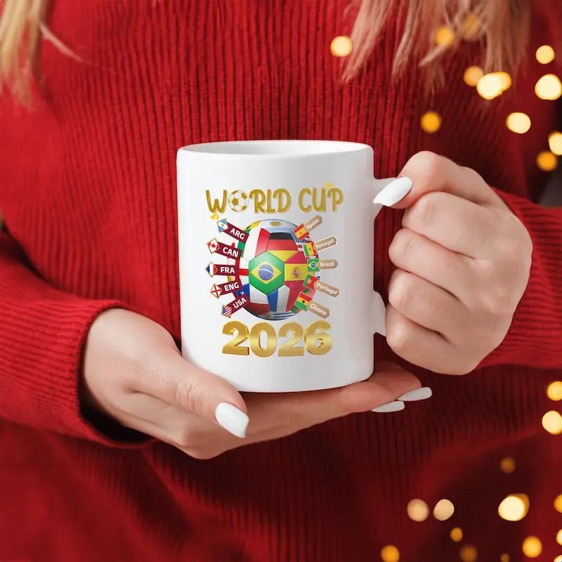 “World Cup 2026 Coffee Mug — ceramic soccer fan mug with bold retro design and caffeine-fueled game day energy.”