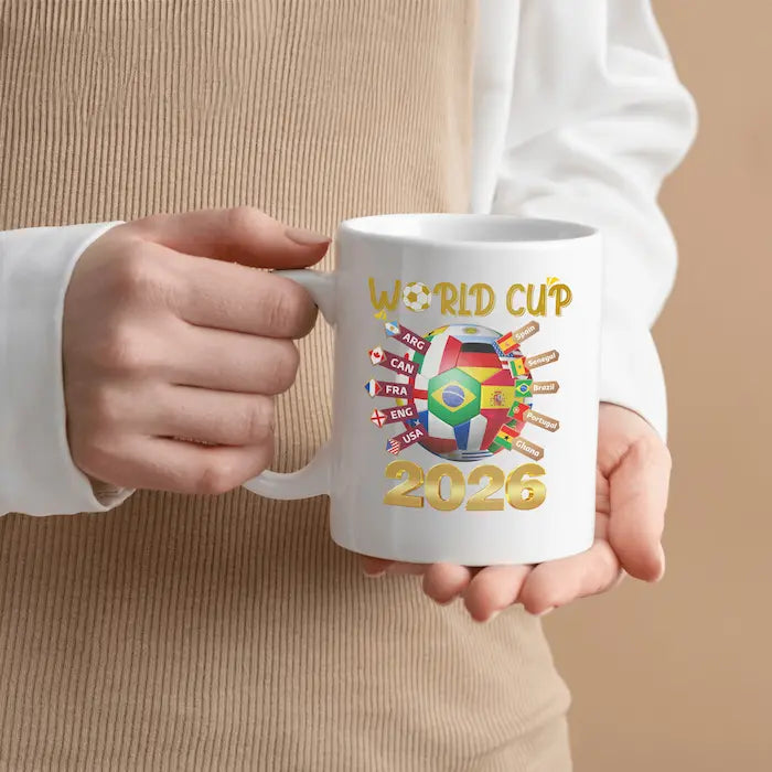 “World Cup 2026 Coffee Mug — ceramic soccer fan mug with bold retro design and caffeine-fueled game day energy.”