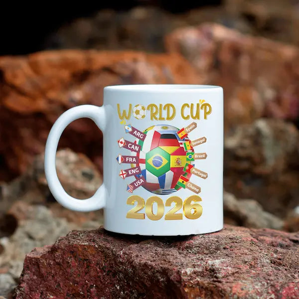 “World Cup 2026 Coffee Mug — ceramic soccer fan mug with bold retro design and caffeine-fueled game day energy.”