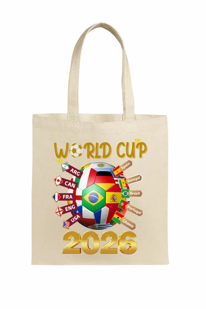 “World Cup 2026 Tote Bag with bold print and durable eco canvas — football fan essential.”