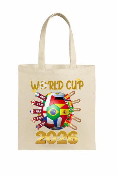 “World Cup 2026 Tote Bag with bold print and durable eco canvas — football fan essential.”