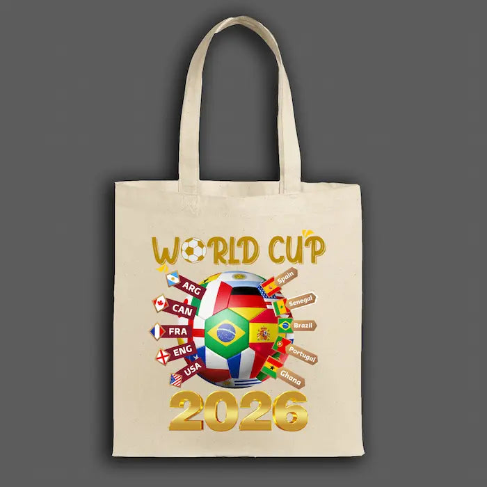 “World Cup 2026 Tote Bag with bold print and durable eco canvas — football fan essential.”