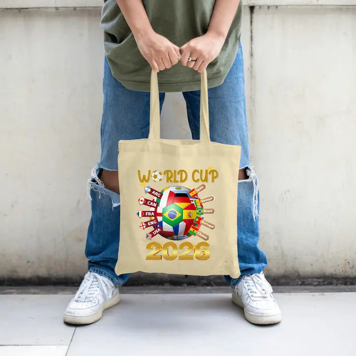 “World Cup 2026 Tote Bag with bold print and durable eco canvas — football fan essential.”