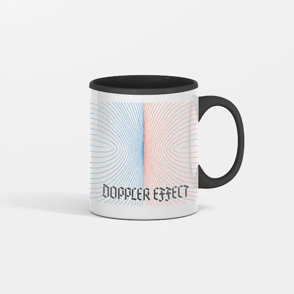 “Doppler Effect Coffee Mug with shifting wave design on white ceramic.”