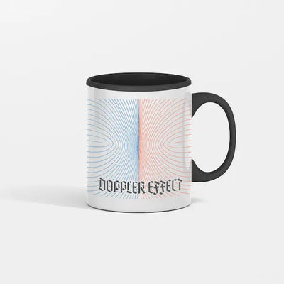 “Doppler Effect Coffee Mug with shifting wave design on white ceramic.”