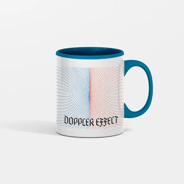 “Doppler Effect Coffee Mug with shifting wave design on white ceramic.”