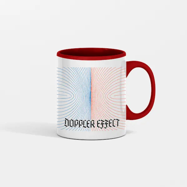 “Doppler Effect Coffee Mug with shifting wave design on white ceramic.”