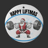 Circular ornament with Santa Claus lifting weights and 'Happy Liftmas' text on a white background.