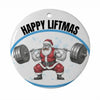 Round ornament with Santa Claus lifting weights and 'Happy Liftmas' text on a white background